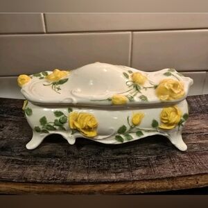 Vintage Oblong Footed Trinket Dish With Yellow Roses With Lid